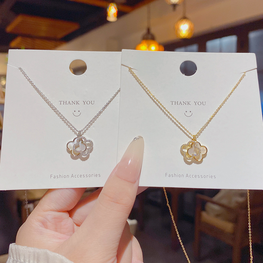 Dây chuyền bạc nữ mạ vàng Clover Pearl cỏ 4 lá Phong cách thanh lịch Hàn Quốc